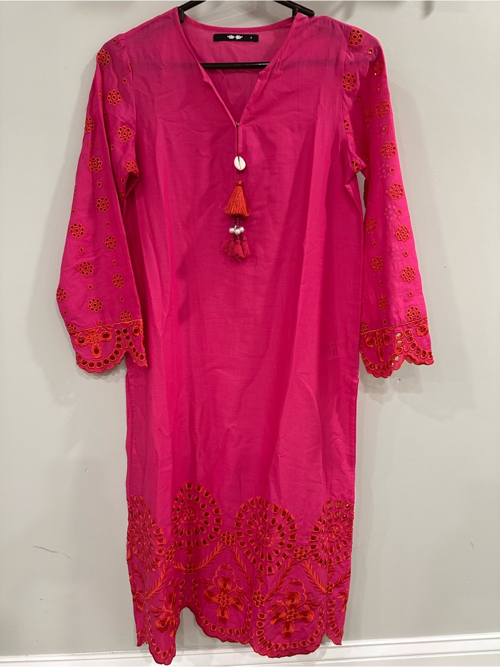 Hot Pink Embroidered Cotton Tunic Dress with Tassel Detail